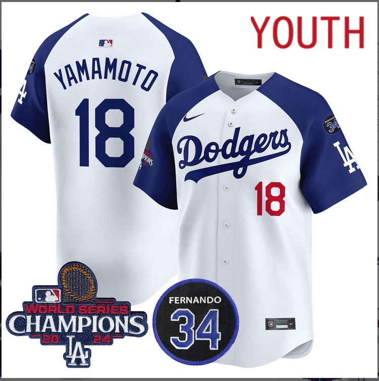Youth MLB Los Angeles Dodgers #18 Yamamoto white 2024 World Series Champions Patch Limited Jersey style 2->youth mlb jersey->Youth Jersey